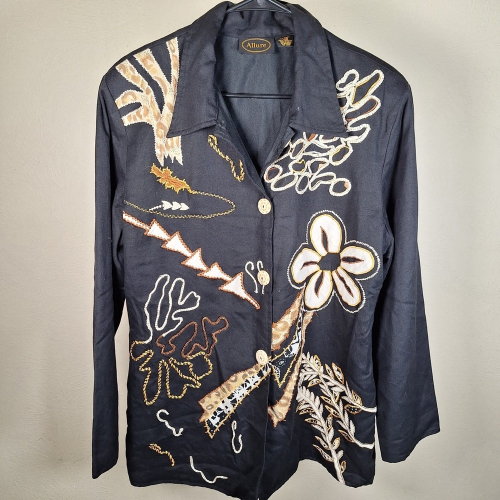 Allure 90s Flax Floral Applique Embroidered Art Teacher Shoulder Pad Funky‎ Coat